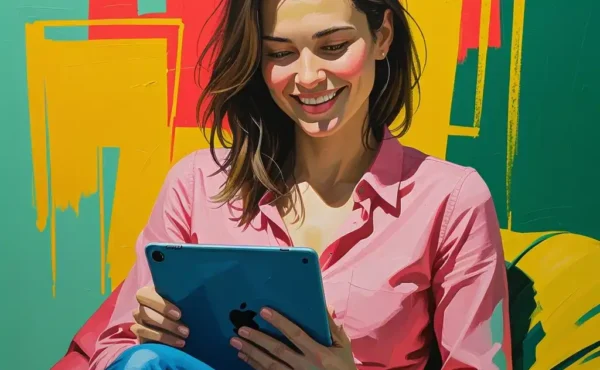 Digital PR specialist reviewing AI-powered SEO campaign data on a tablet